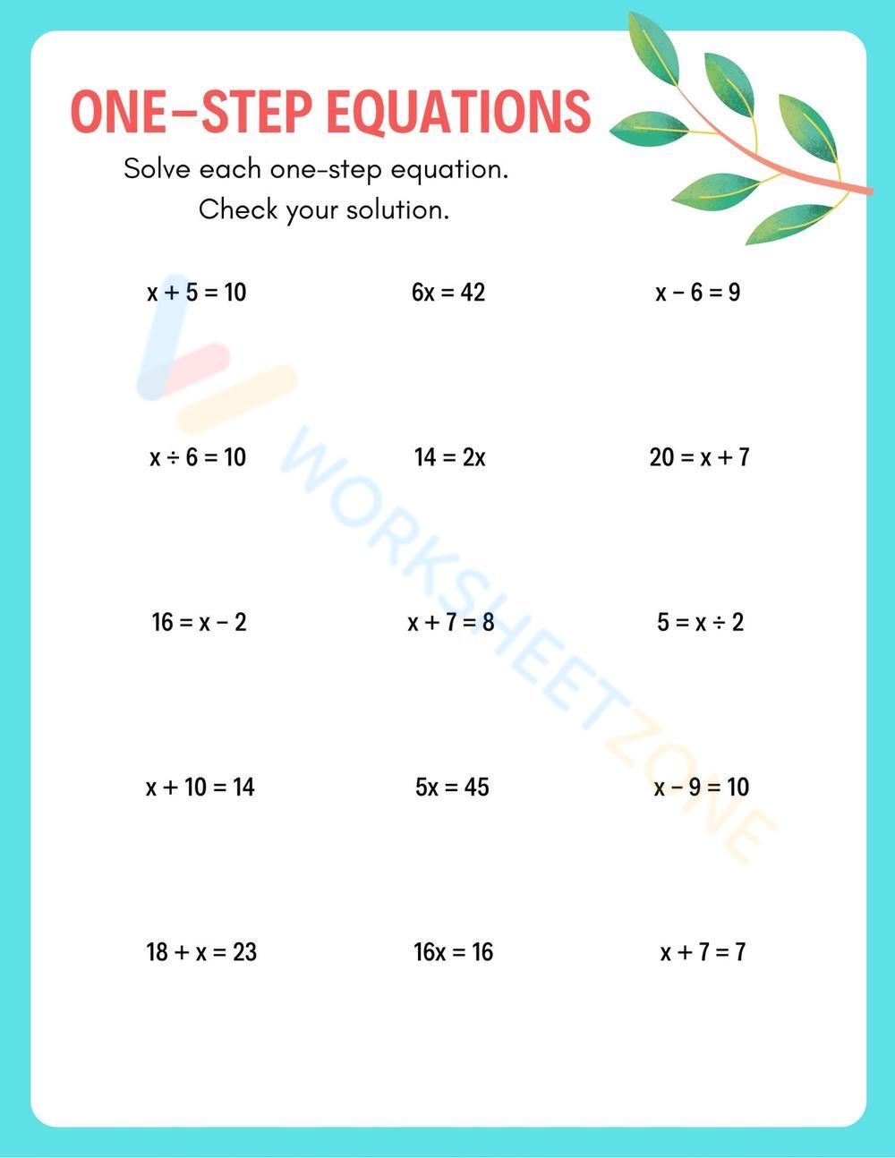 One Step Equations SELF CHECK Worksheets TEKS 6 10A Kraus Math 