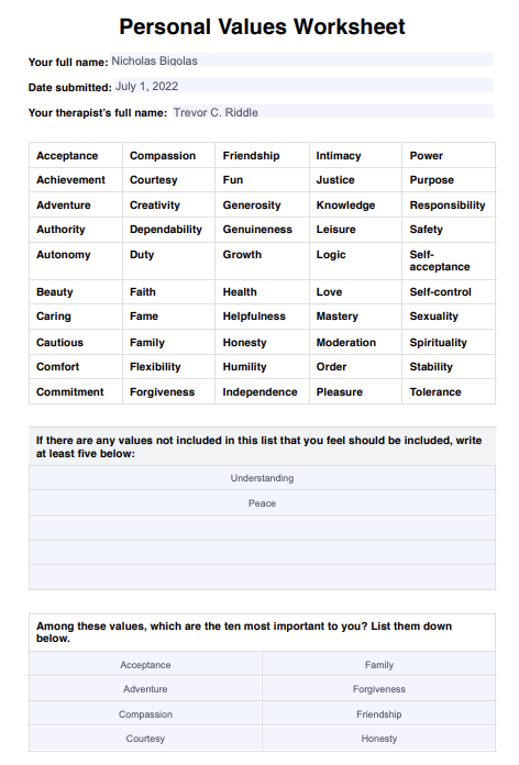 Personal Values Worksheet Example Free PDF Download Worksheets