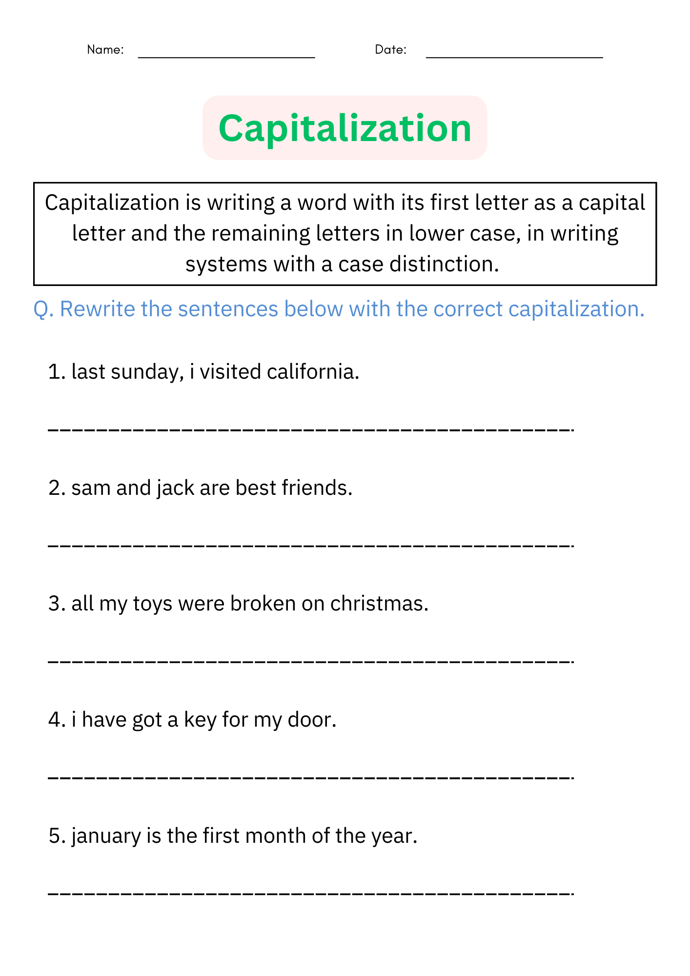 Printable Capitalization Grammar Worksheets Digital Resources 