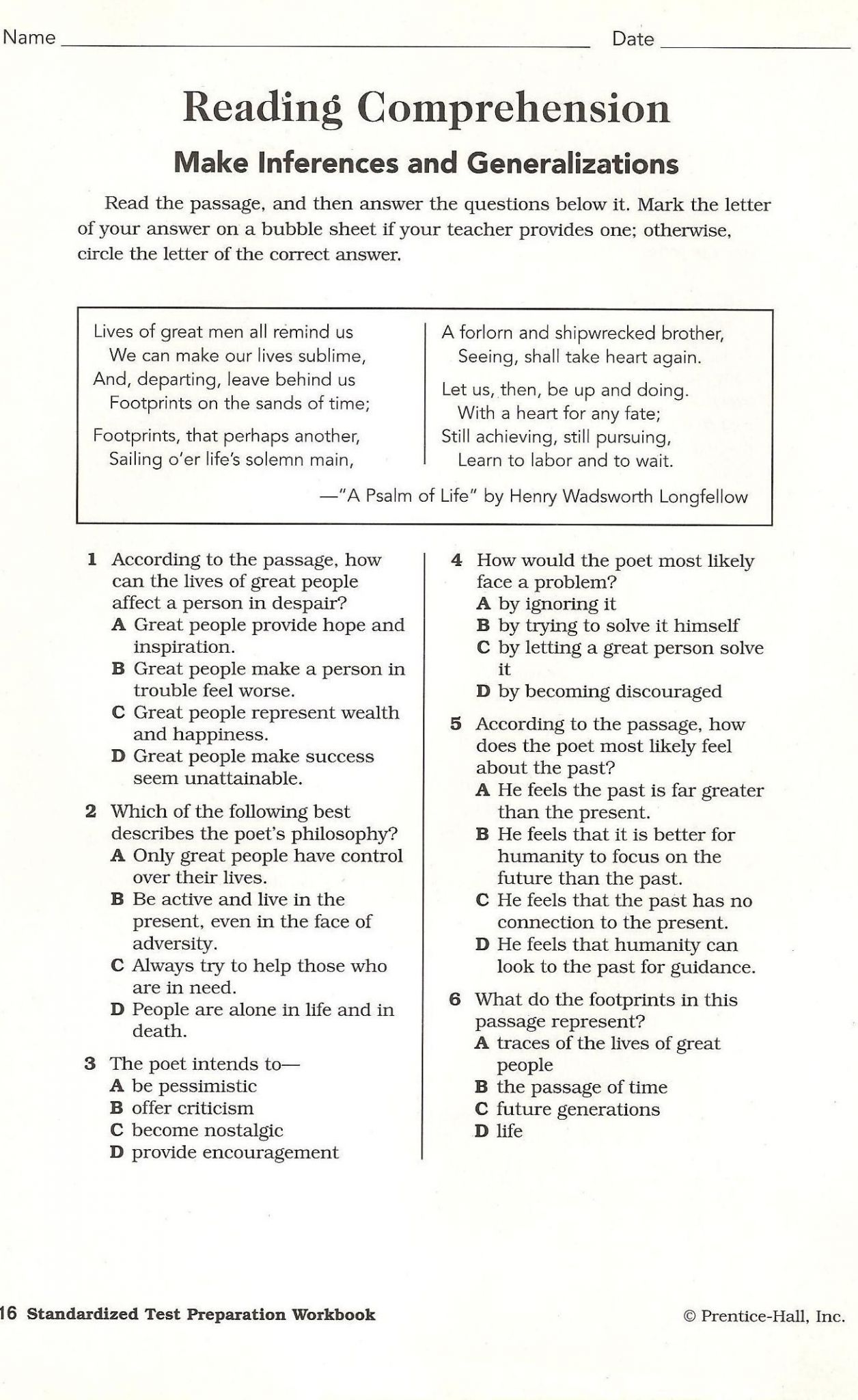 Printable High School Reading Assessment Reading Comprehension Worksheets