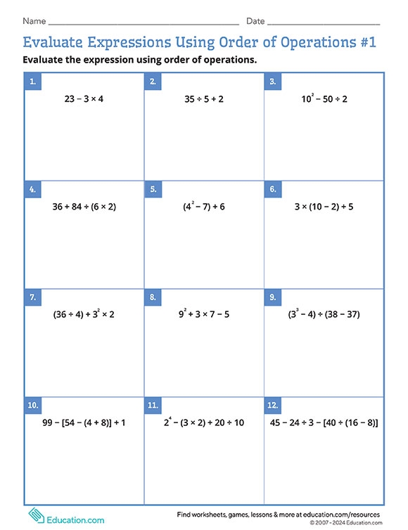 Printables Evaluate Expressions Using Order Of Operations 1