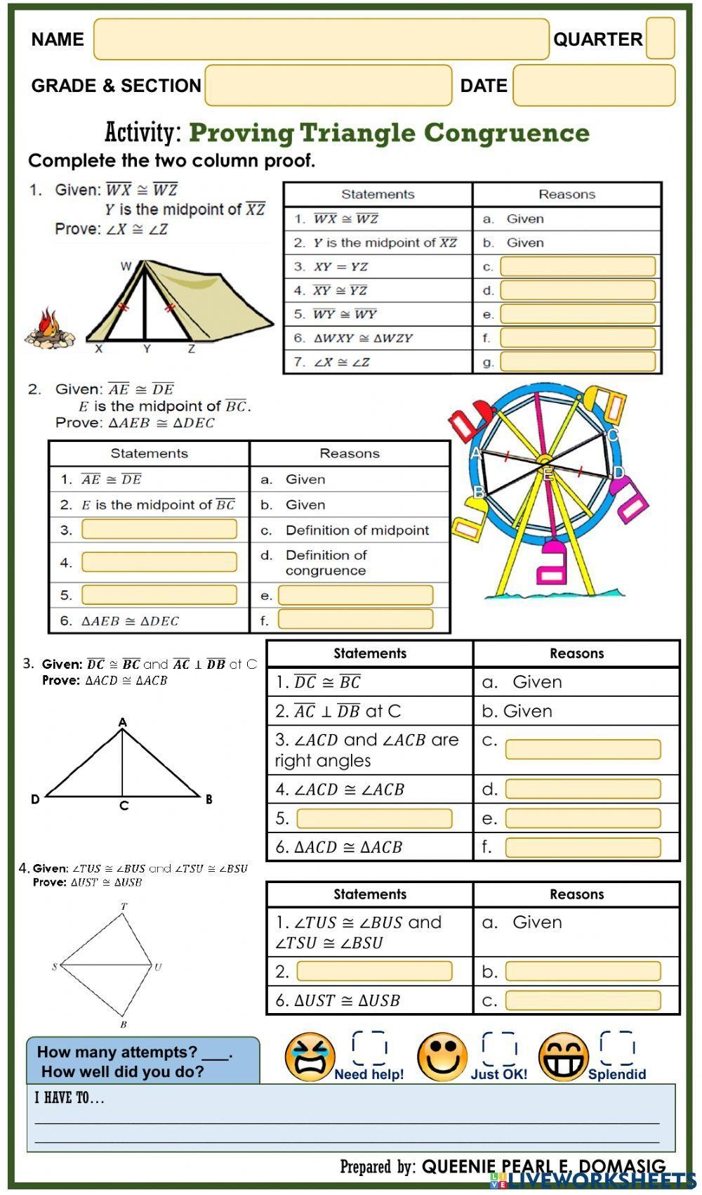 Proving Triangle Congruence Worksheet With Answers Pdf Fill 