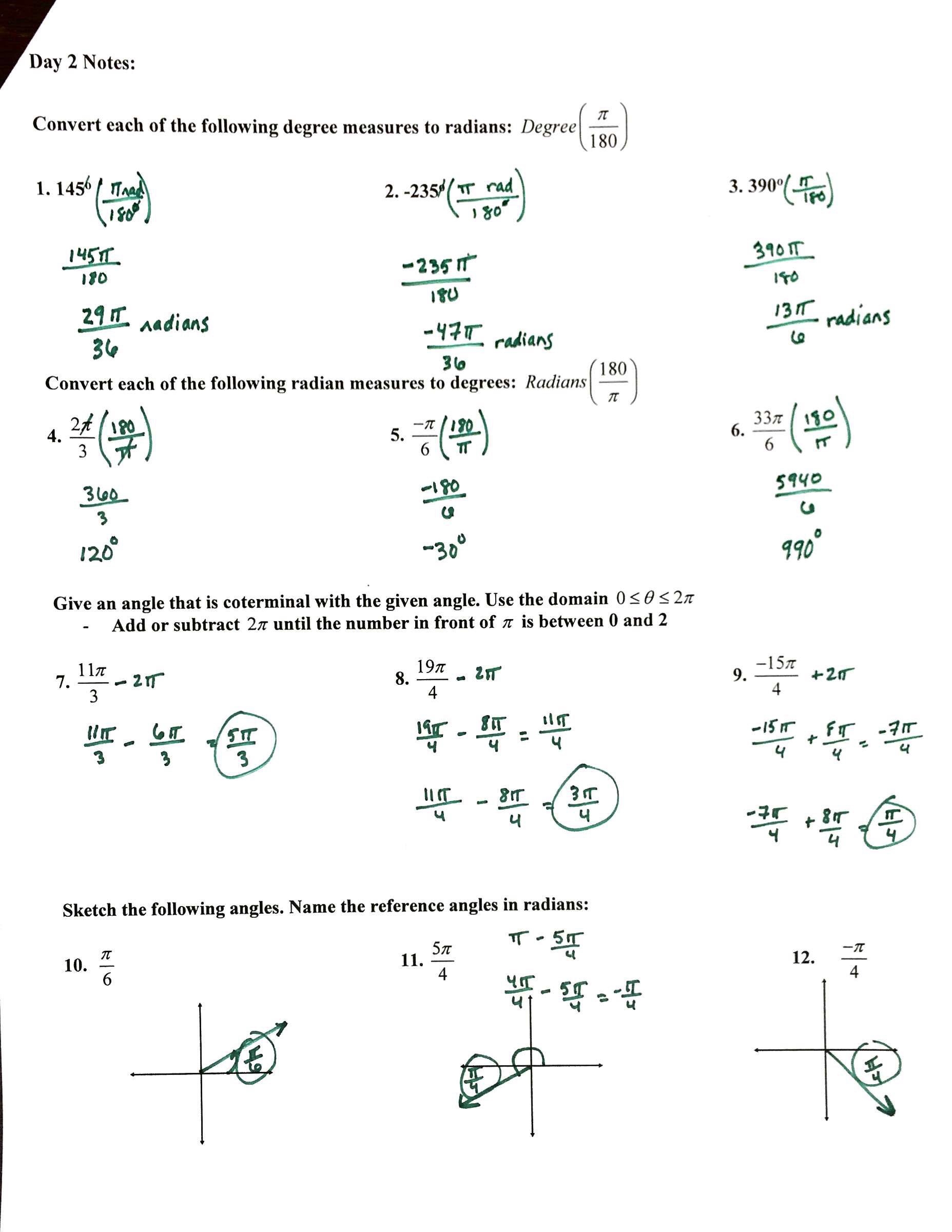 Radian And Degree Measures For Angles Worksheet Answers 
