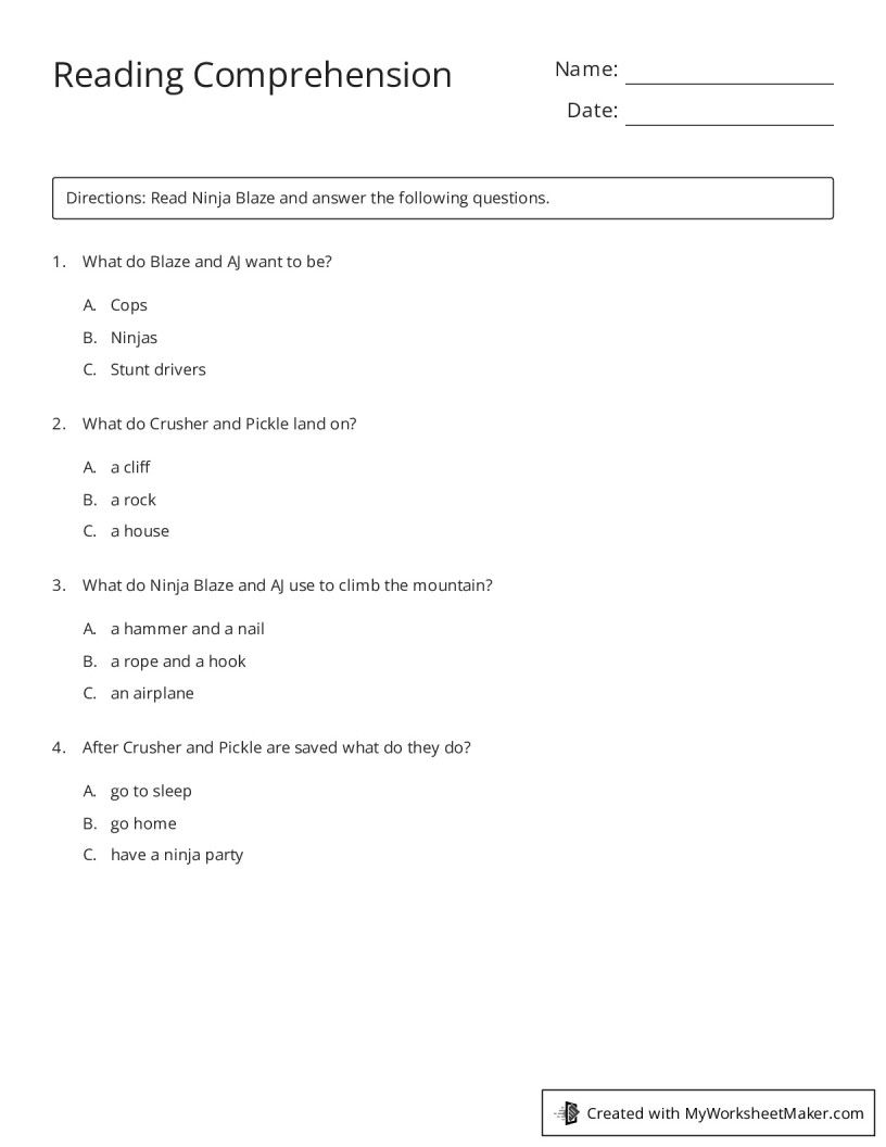 Reading Comprehension My Worksheet Maker Create Your Own Worksheets