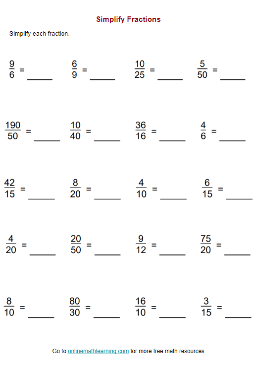 Reducing Fraction Worksheets 4 Simplest Form Worksheet Reducing 