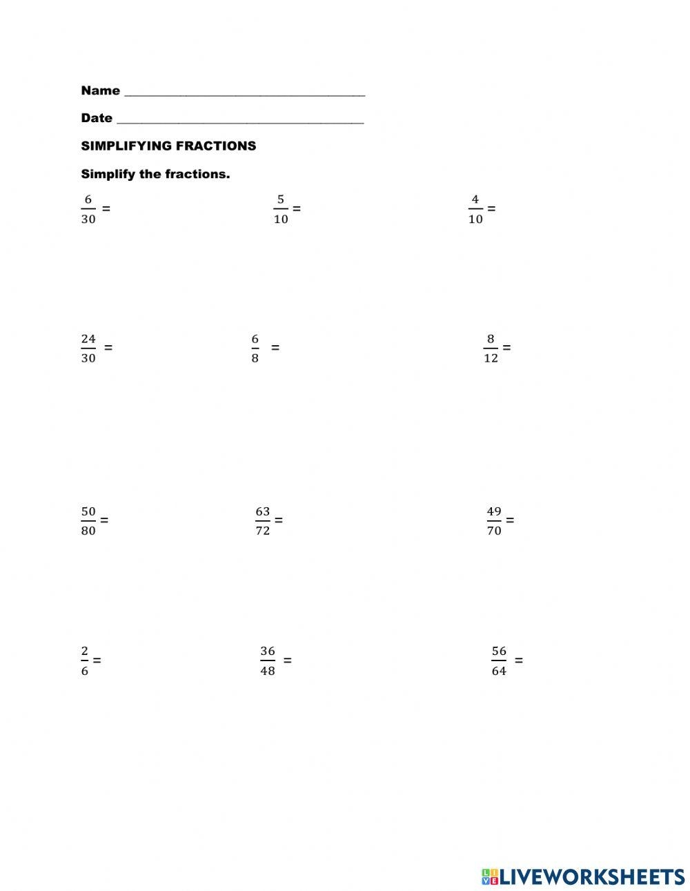 Reducing Fractions Worksheet Digital Worksheets Library
