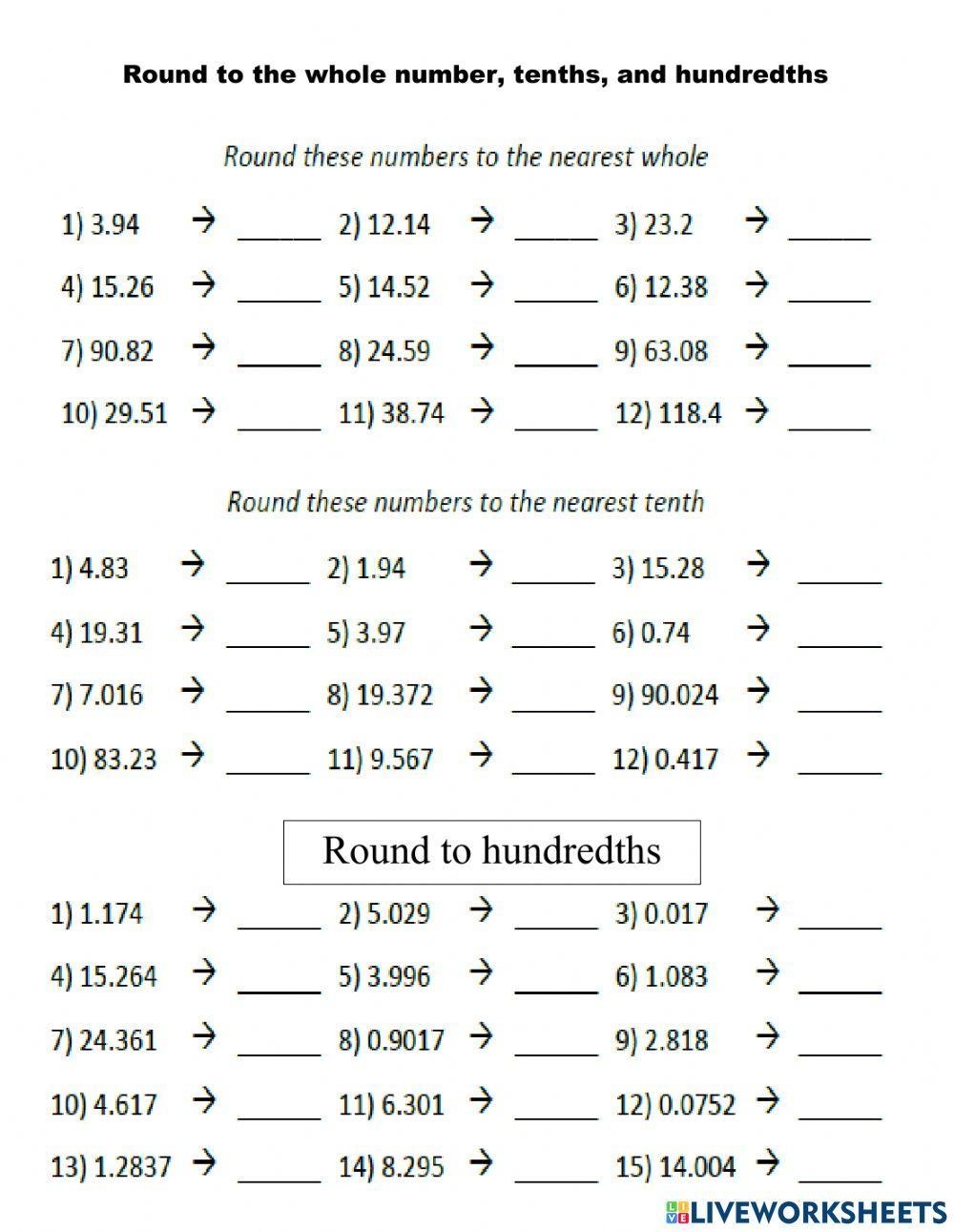 Rounding Decimals From Hundreths Place To Whole Numbers 4th 