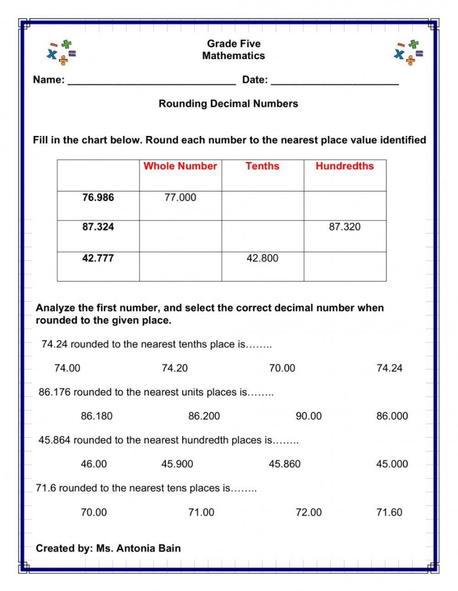 Rounding Decimals Worksheet Grade 5 Printable PDF Template