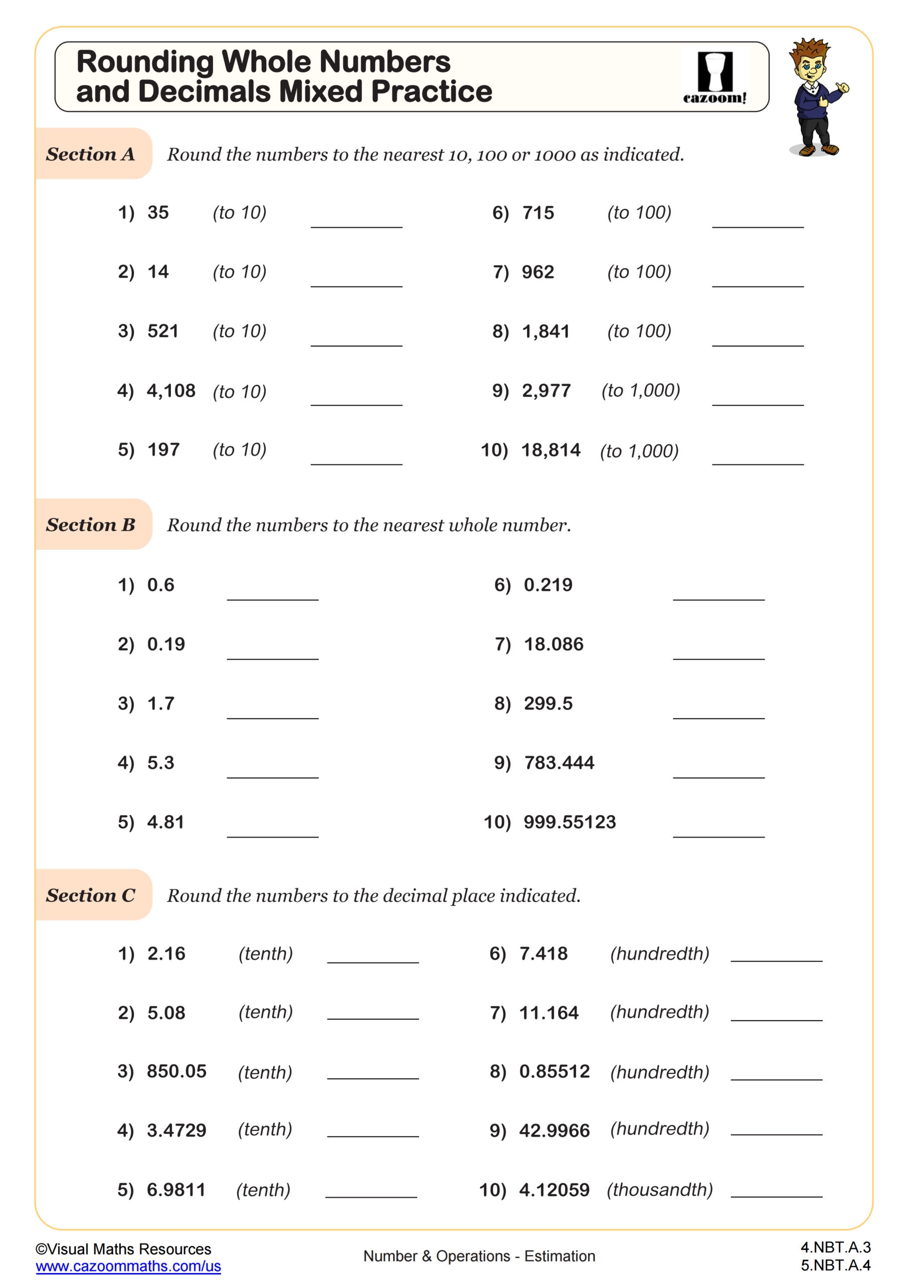 Rounding Whole Numbers And Decimals Mixed Practice Worksheet PDF 