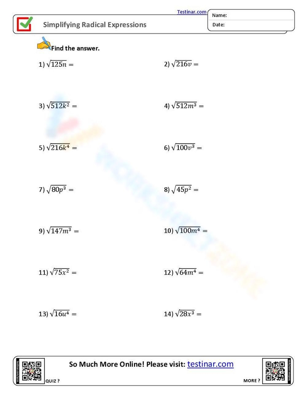Simplify Radical Equations Worksheet Worksheets Library