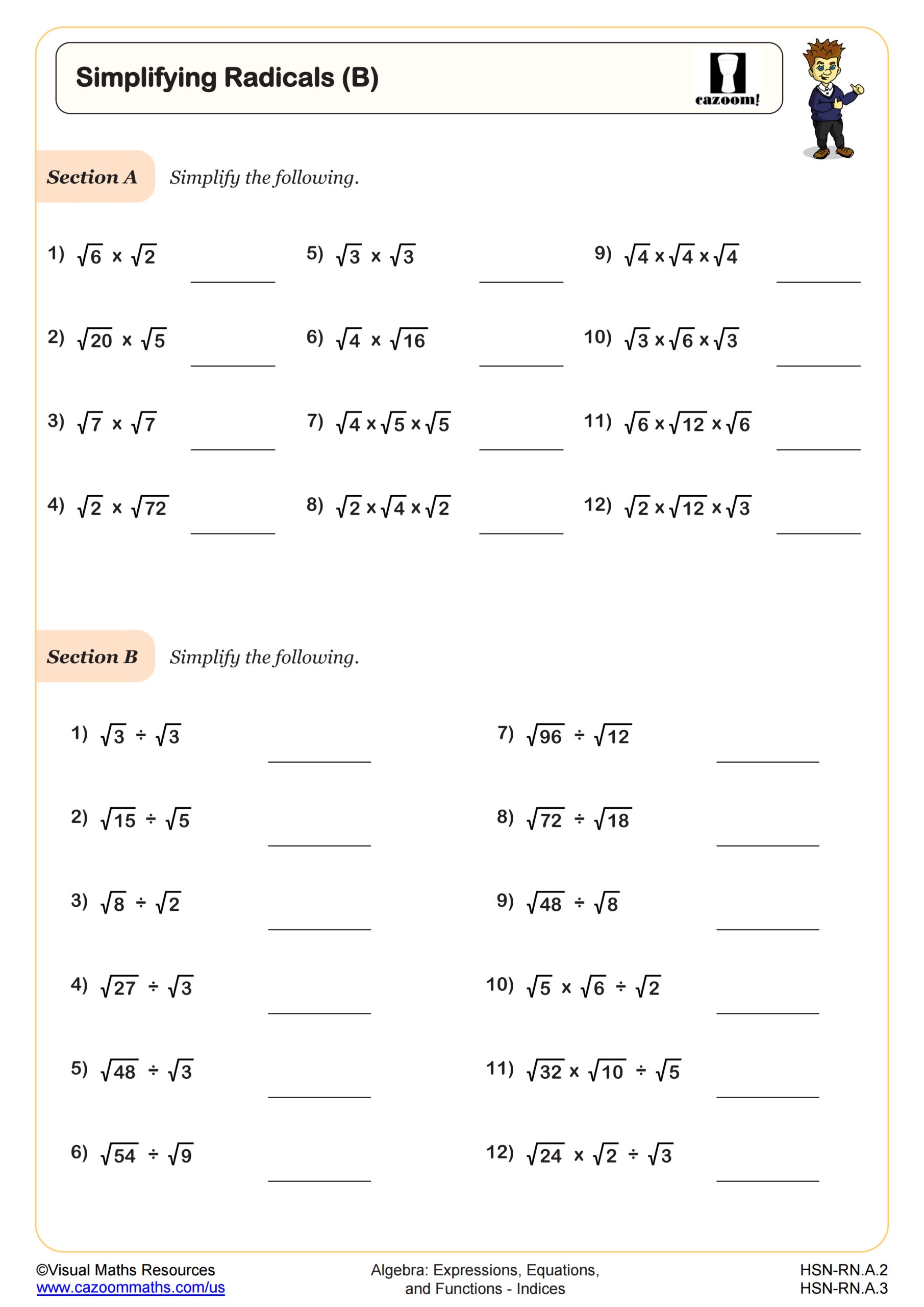 Simplifying Radicals B Worksheet Fun And Engaging Algebra I 