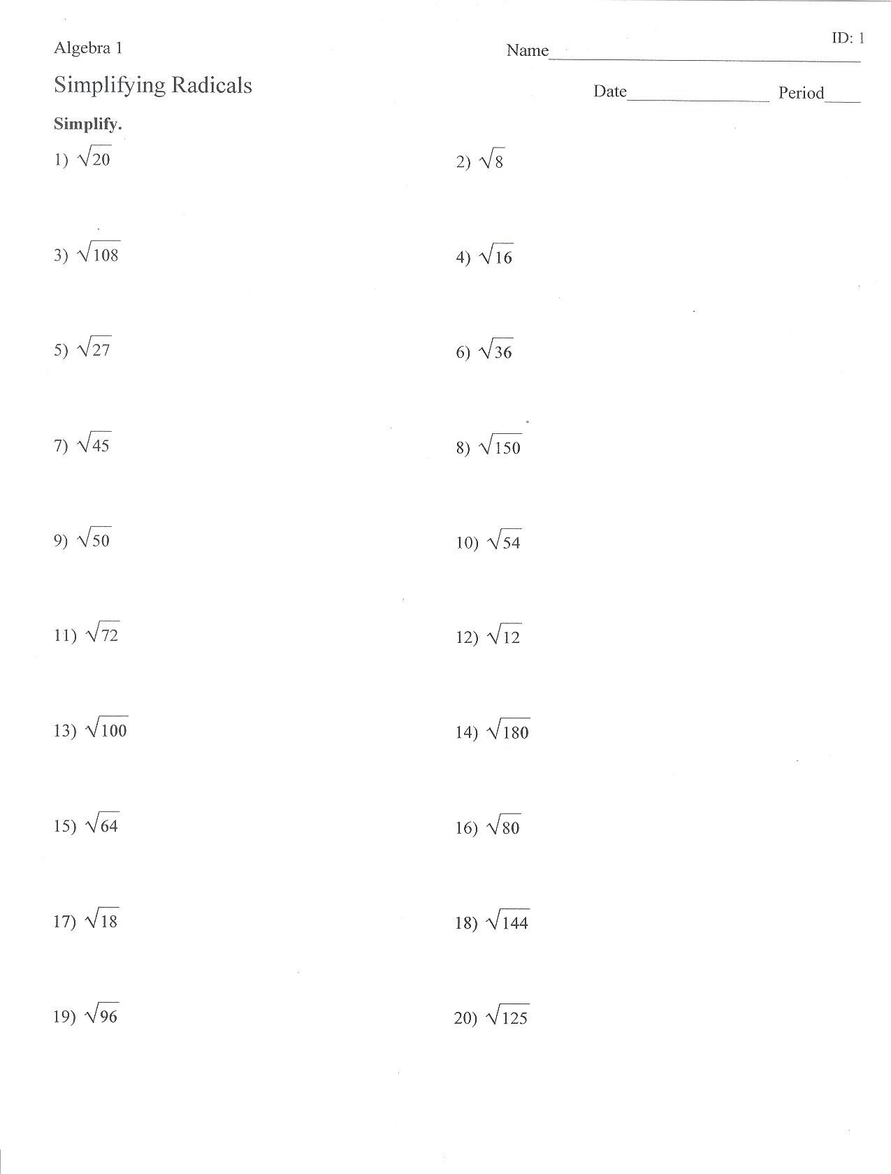 Simplifying Radicals Worksheet Answer Key Wordworksheet