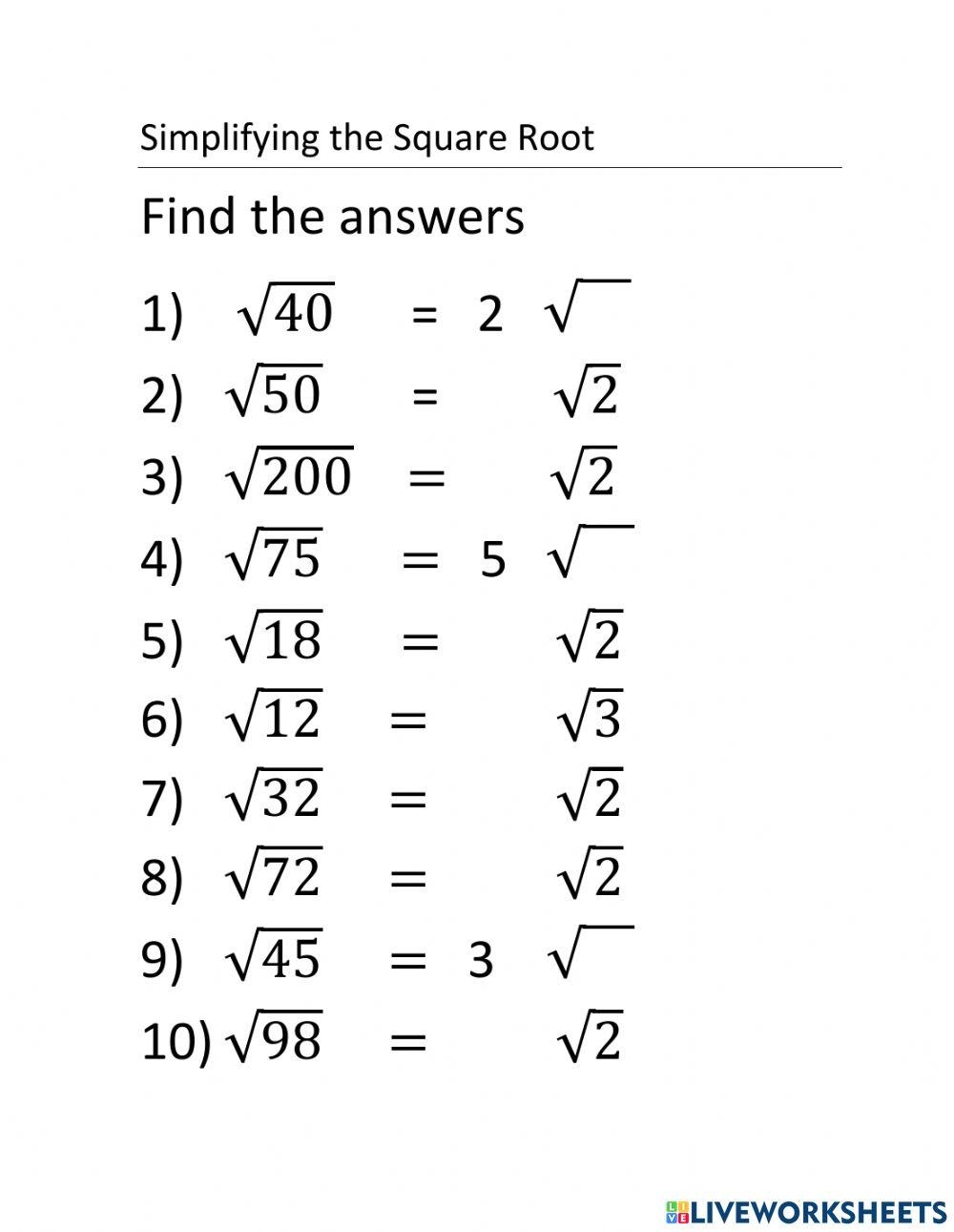 Simplifying The Square Root Worksheet Live Worksheets Worksheets 
