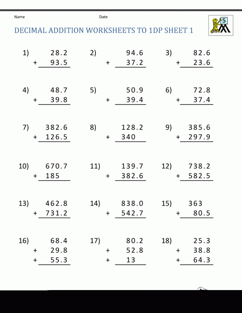 Sixth Grade Adding Decimals Worksheet Decimalworksheets