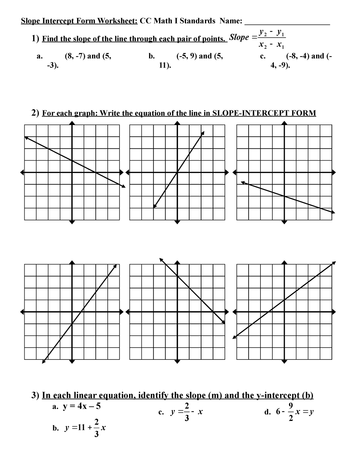 Slope And Slope Intercept Form Worksheet Slope Intercept Form 