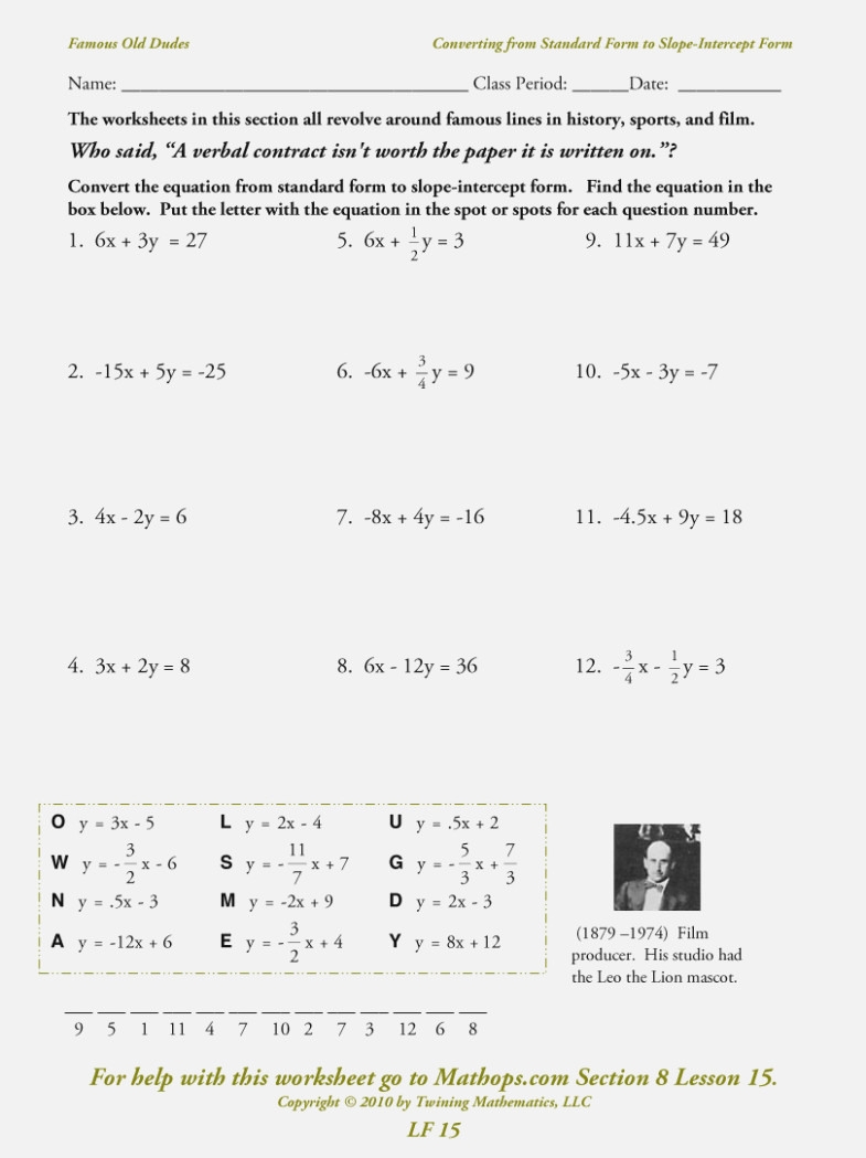 Slope Intercept Form To Point Slope Form Worksheet Db excel