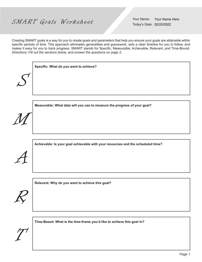 SMART Goals Worksheet PDF Template TherapyByPro Worksheets Library