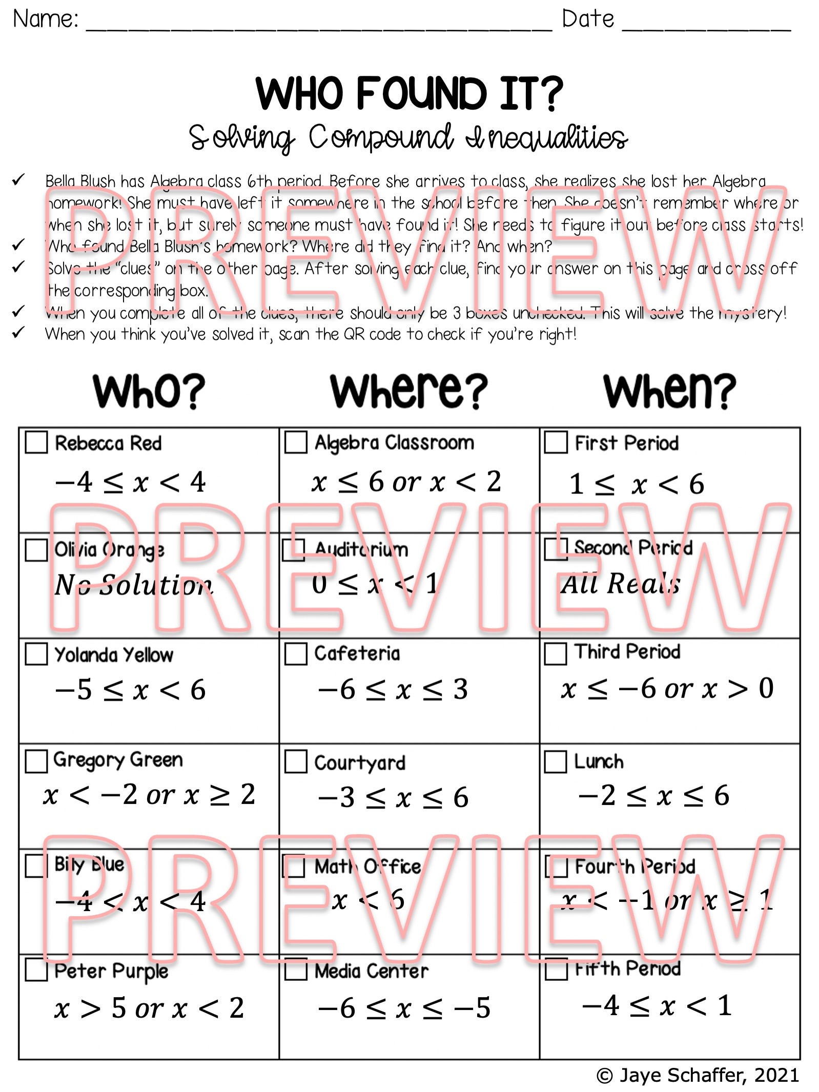 Solving Compound Inequalities Clue Mystery Activity Made By Teachers 