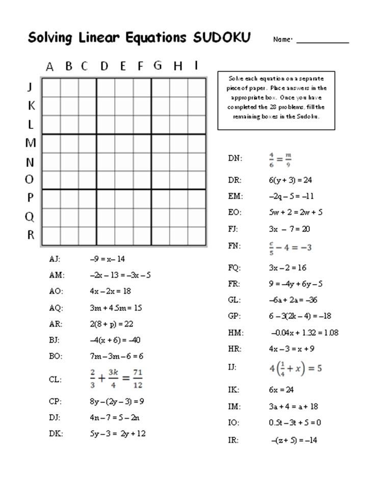 Solving Linear Equations Sudoku Worksheet Answer Key Tessshebaylo