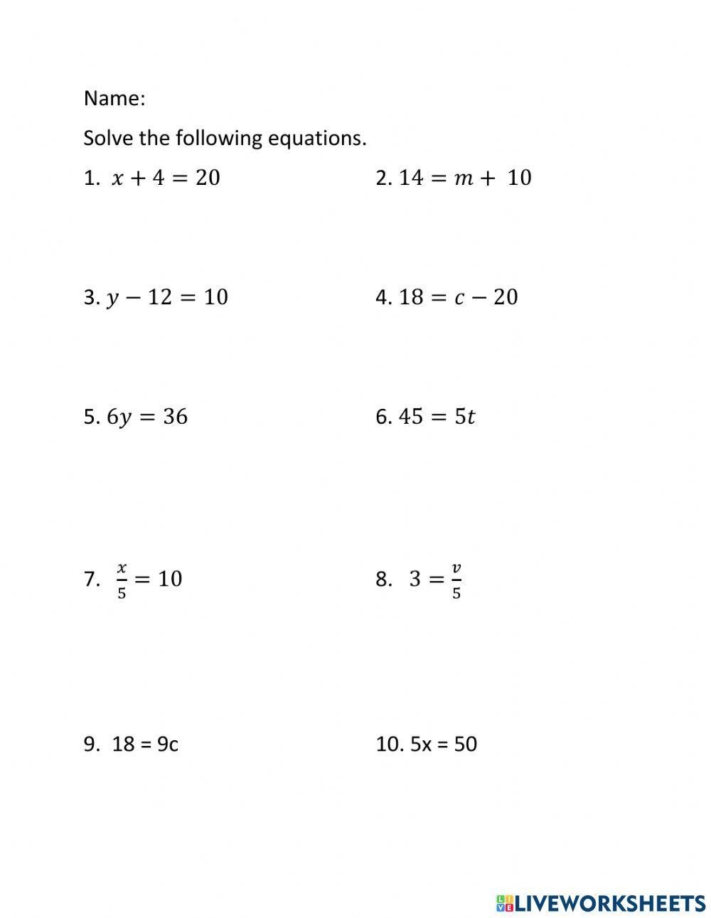 Solving Simple Equations Worksheet Live Worksheets Worksheets Library