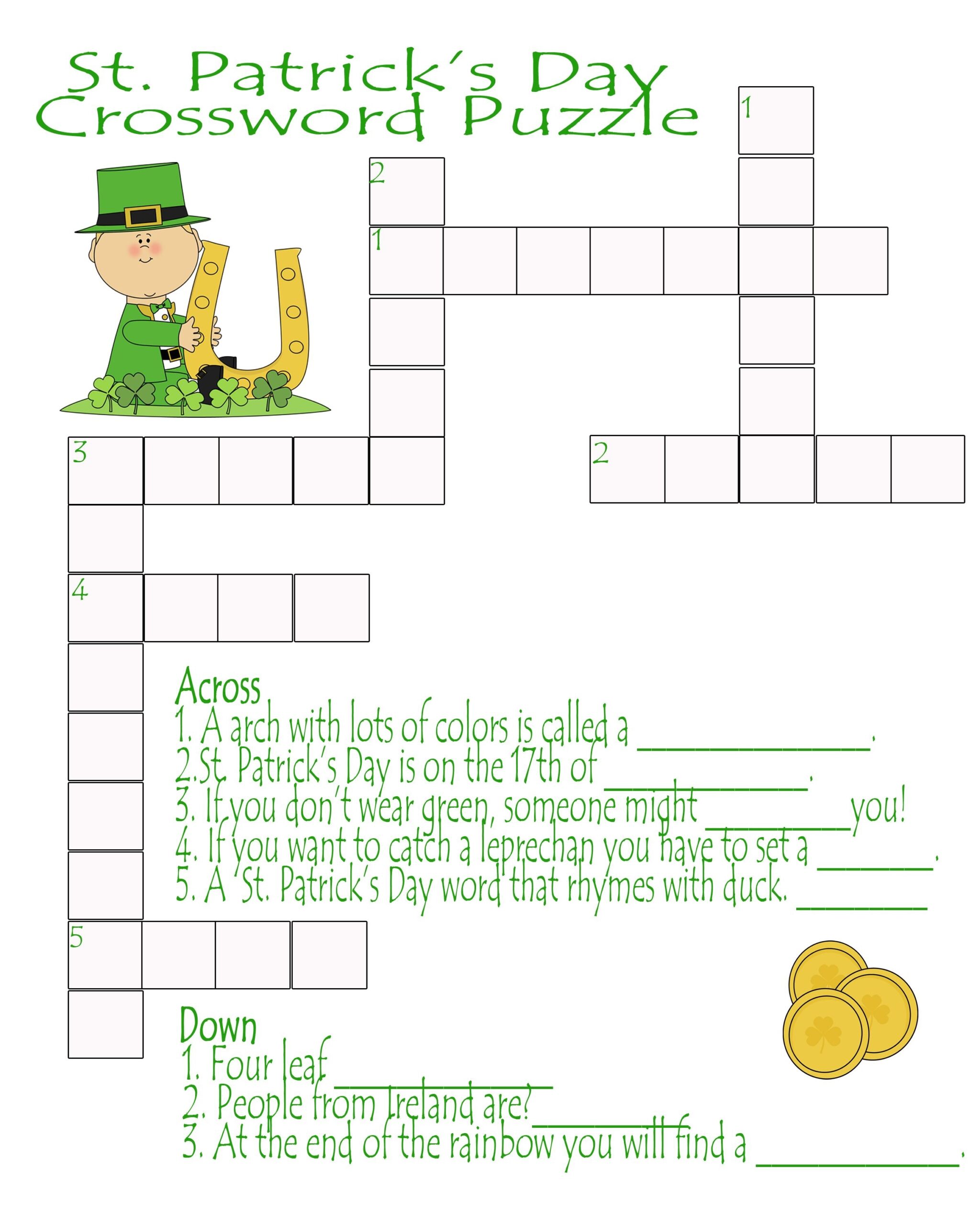 St Patrick 39 s Day Crossword Puzzle Printable Holidays