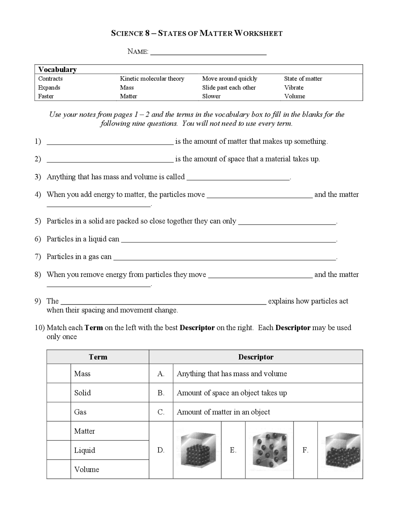 States Of Matter worksheet PDF Worksheets Library