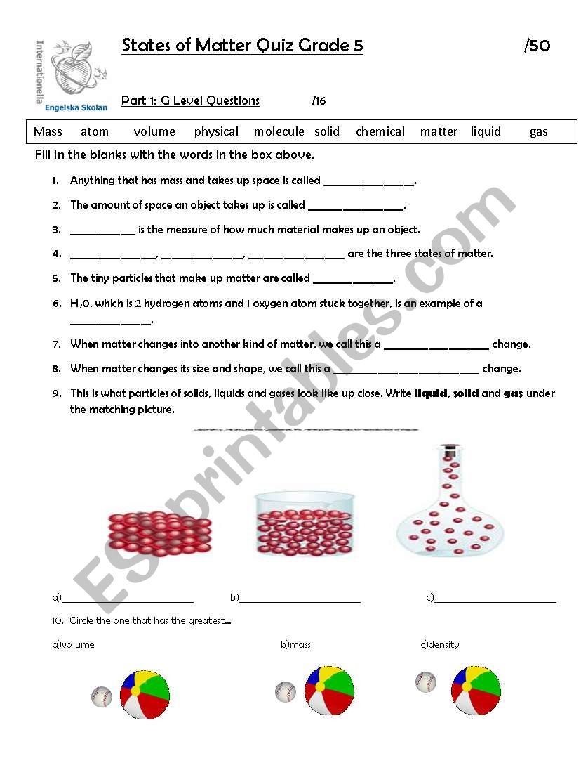 States Of Matter Worksheet