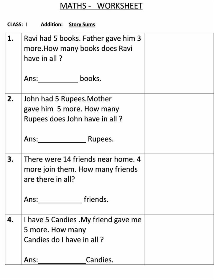 Story Sum Class 1 Maths Worksheet