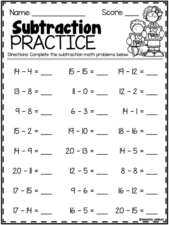 Subtraction 1st Grade Math Worksheets Printable Activity Book 