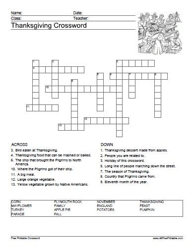 Thanksgiving Crossword Free Printable
