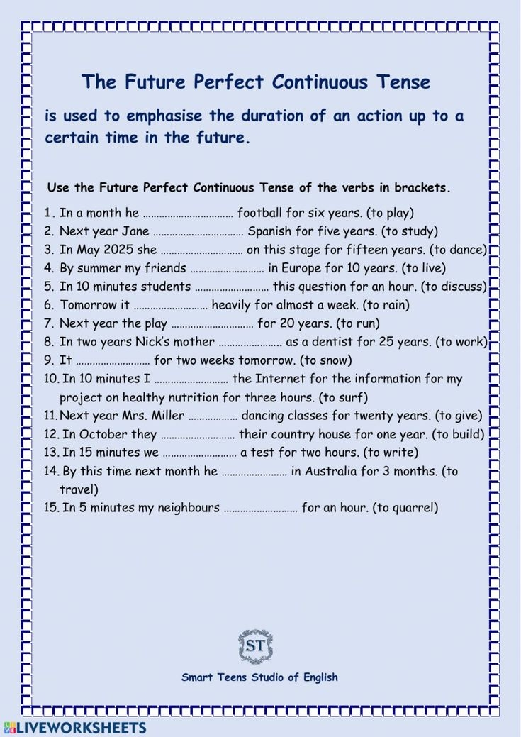 The Future Perfect Continuous Tense Worksheet