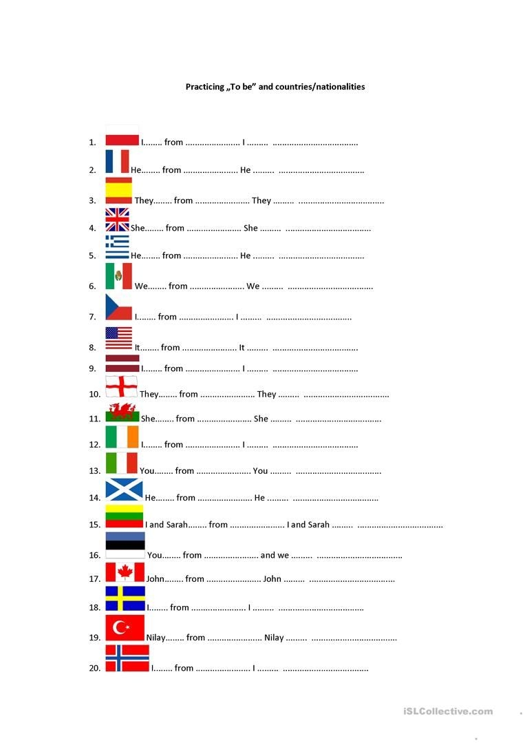 To Be And Countries nationalities English ESL Worksheets Worksheets
