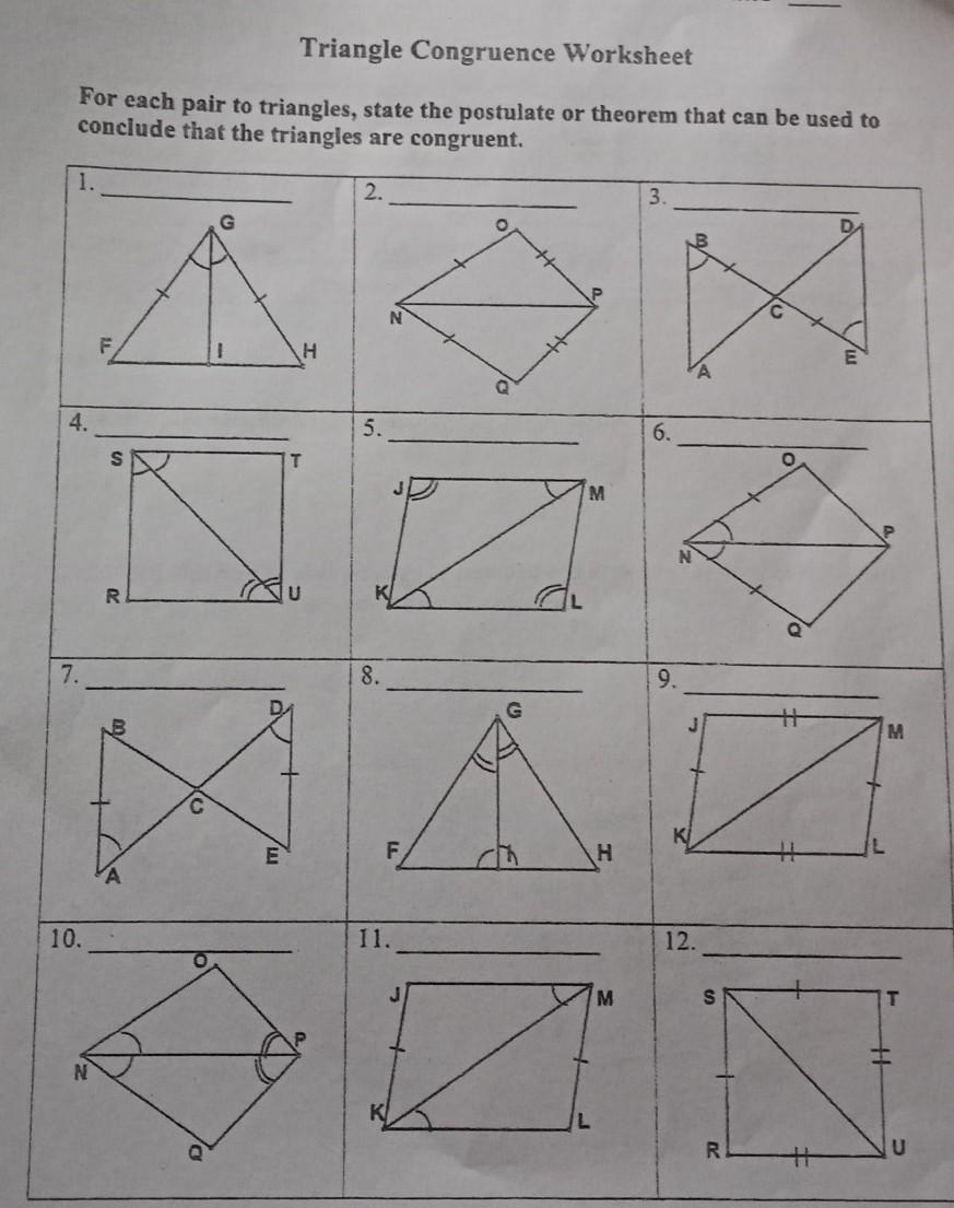 Triangle Congruence Worksheet For Each Pair To Triangles State 