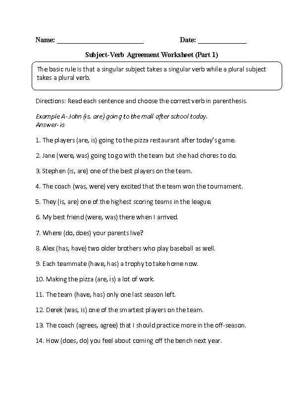 Verb Agreement Worksheet For Class 4