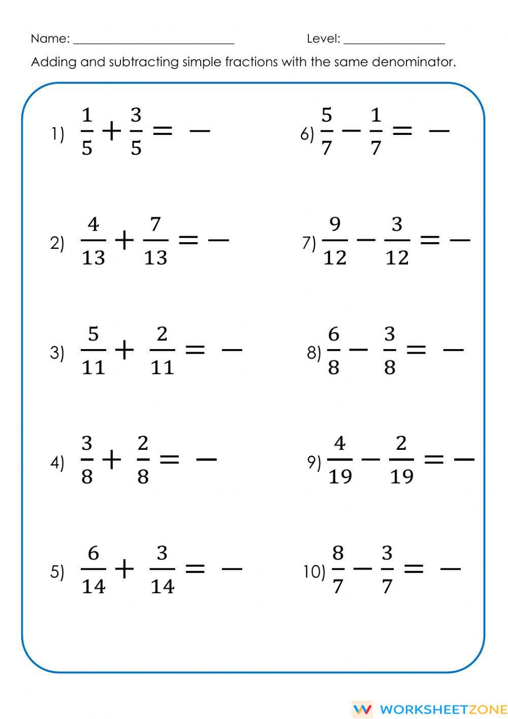Worksheet Adding And Subtracting Fractions