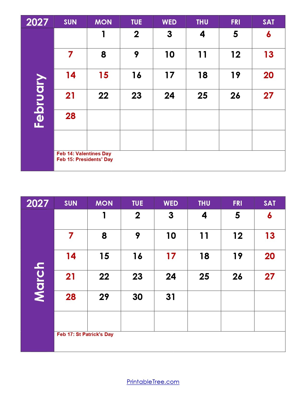 open desk calendar for February 2027 with color codes