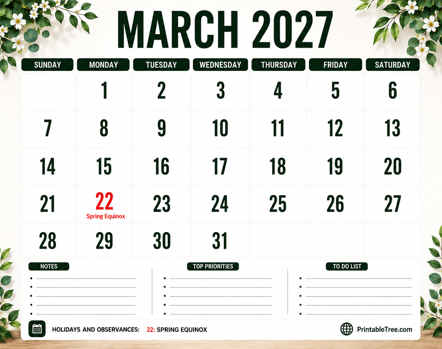 Clean March 2027 calendar on a desk with pens