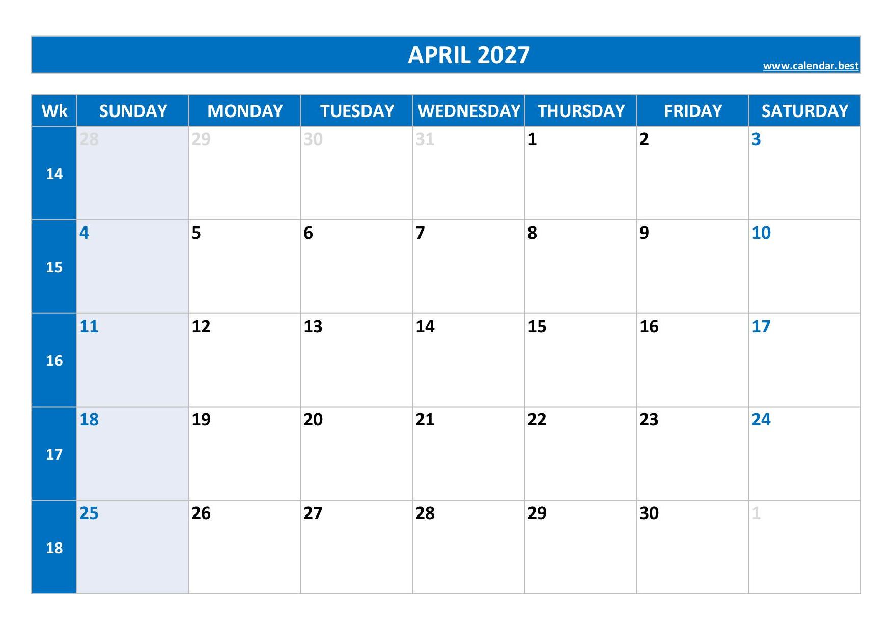 A calendar for April 2027 displaying dates and days of the week.