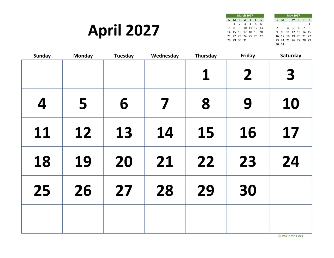 A calendar for April 2027 displaying dates and days of the week.