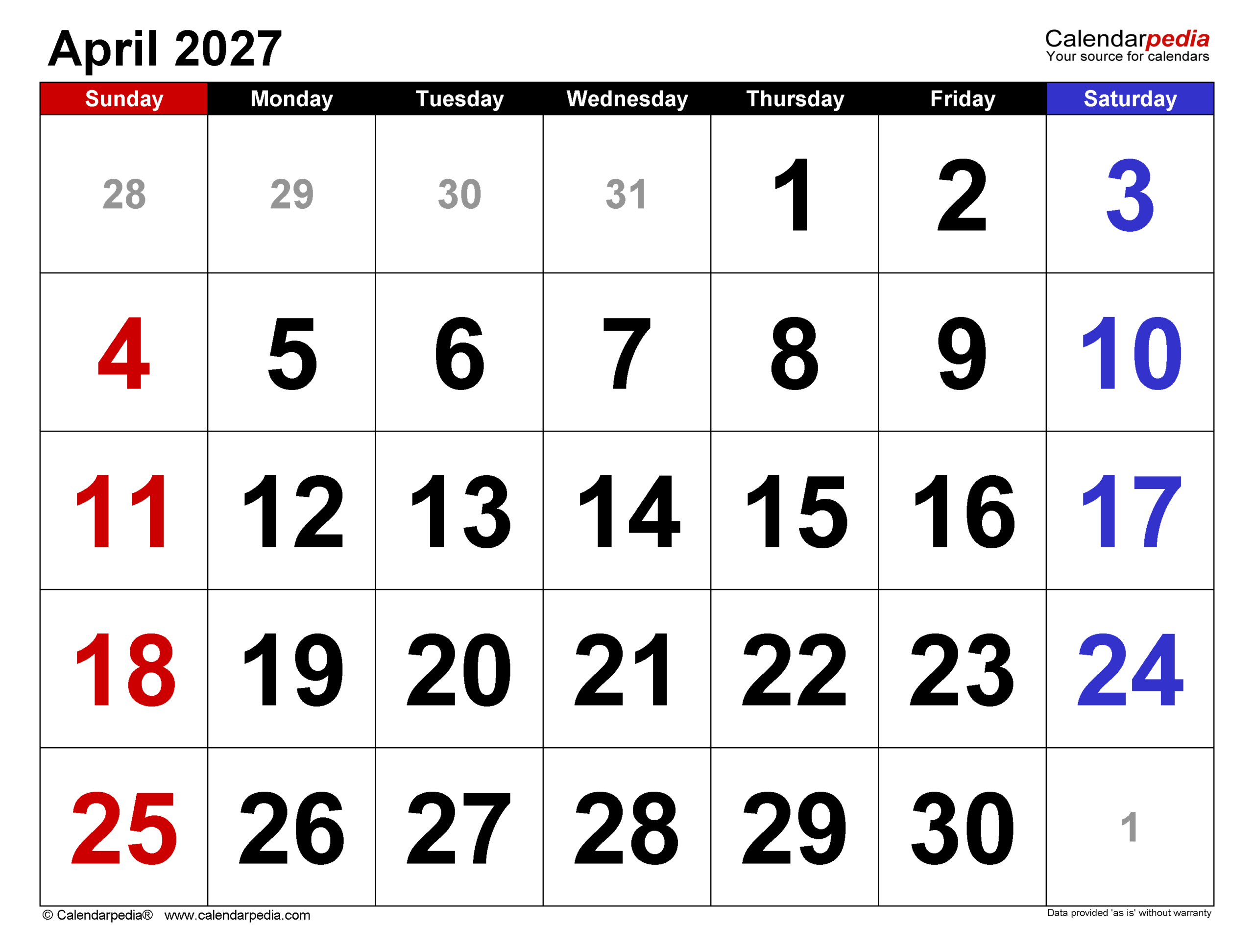 A calendar for April 2027 displaying dates and days of the week.