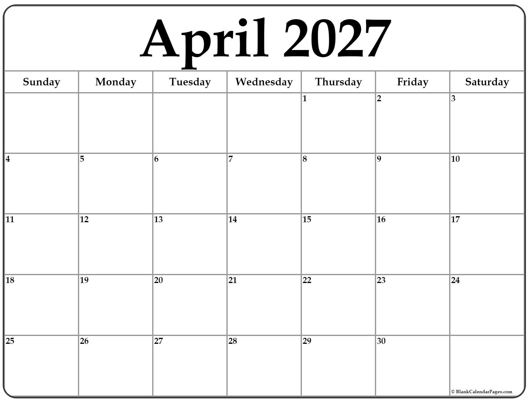 Blank calendar for April 2027 with empty date boxes for planning
