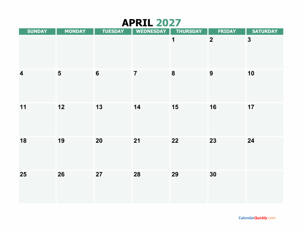 Illustration of multiple April 2027 Calendar layouts