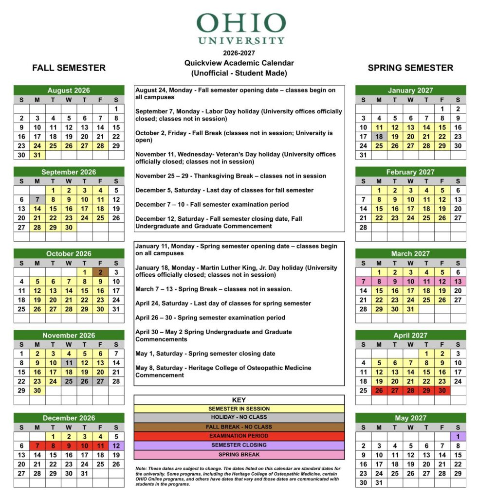 Printed Ohio University 2026 2027 Calendar on desk