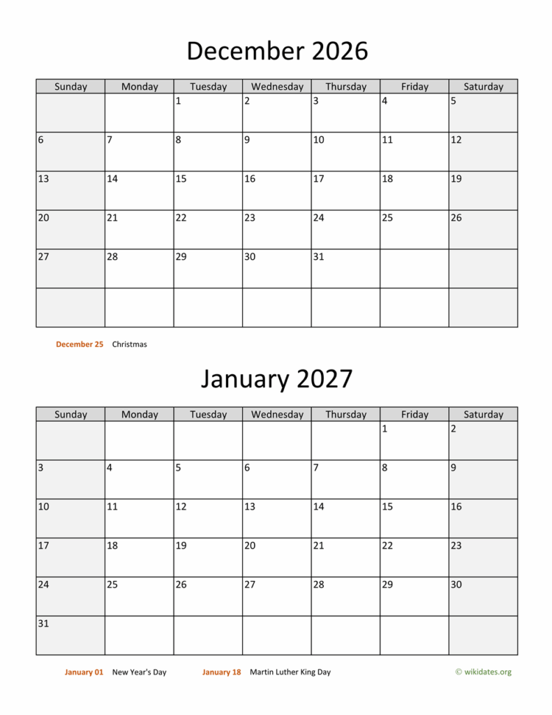 Blank calendar with spaces for notes and events