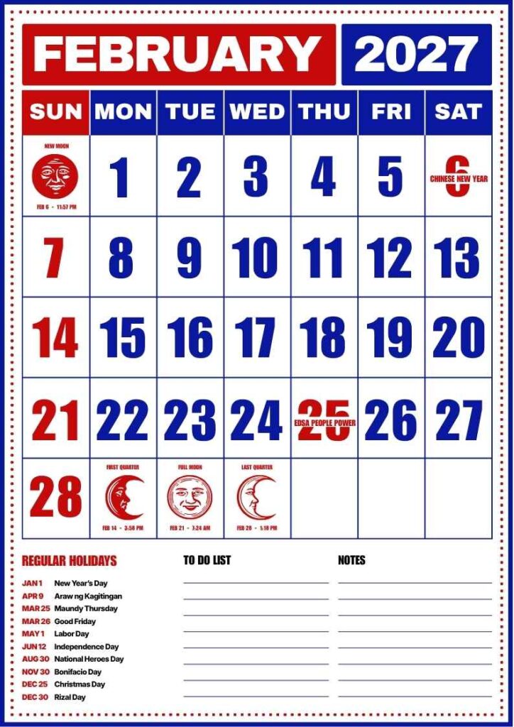 Desk-ready February 2027 calendar layout with bold dates