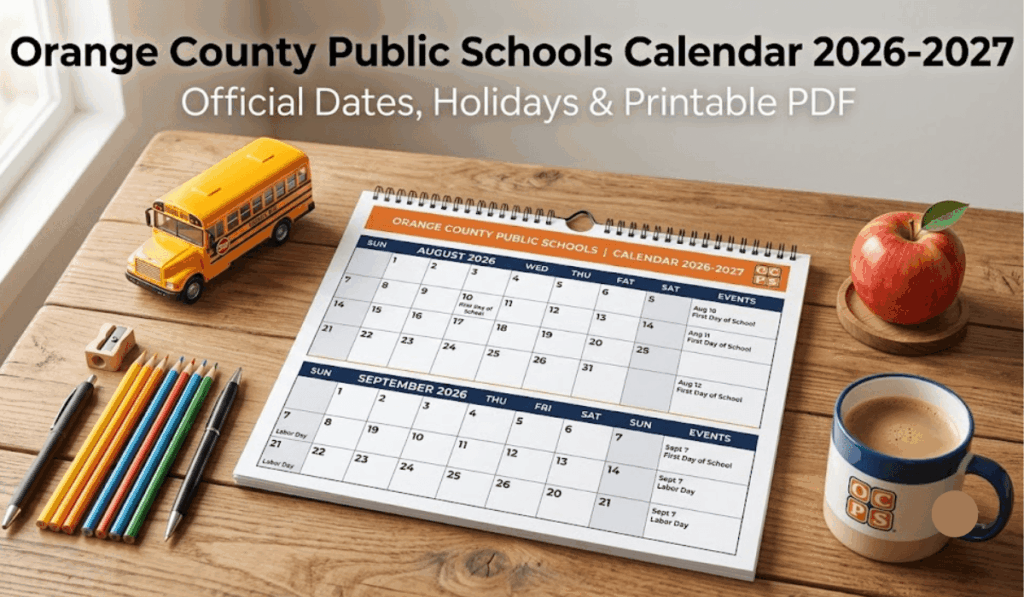 Printable OCPS calendar pages on a desk