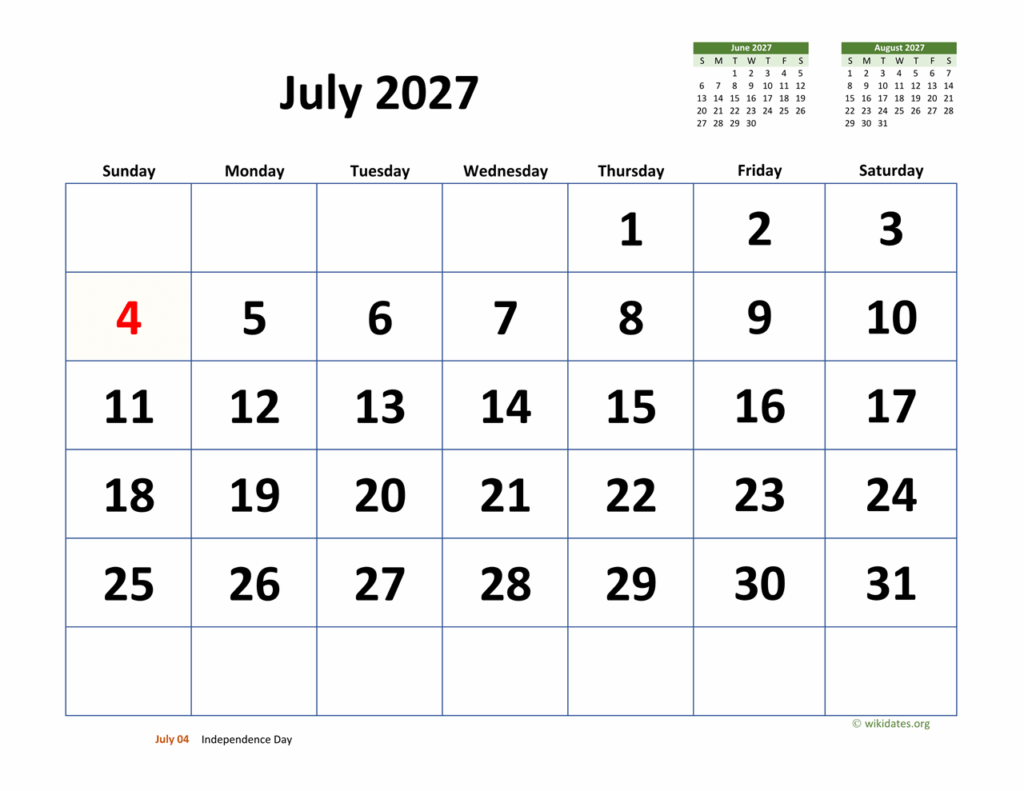 Desk view of a July 2027 Calendar with markers