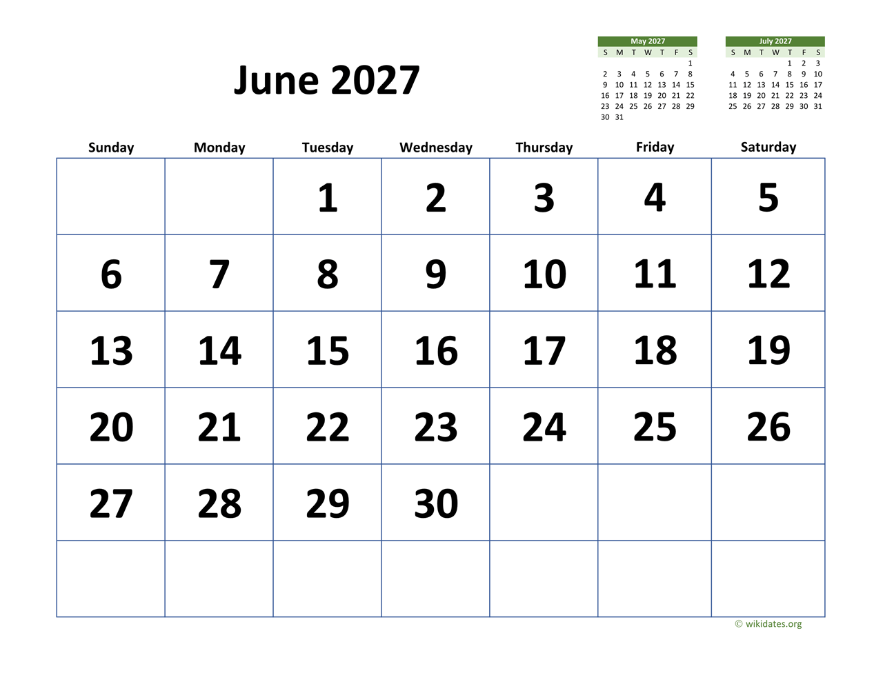 June 2027 Calendar Large Dates