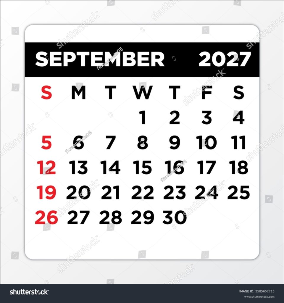 Close-up of a printable September calendar with color codes and notes